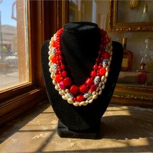 Beaded necklaces (3 pieces paired/styled by me), red, orange, black & cream 📿